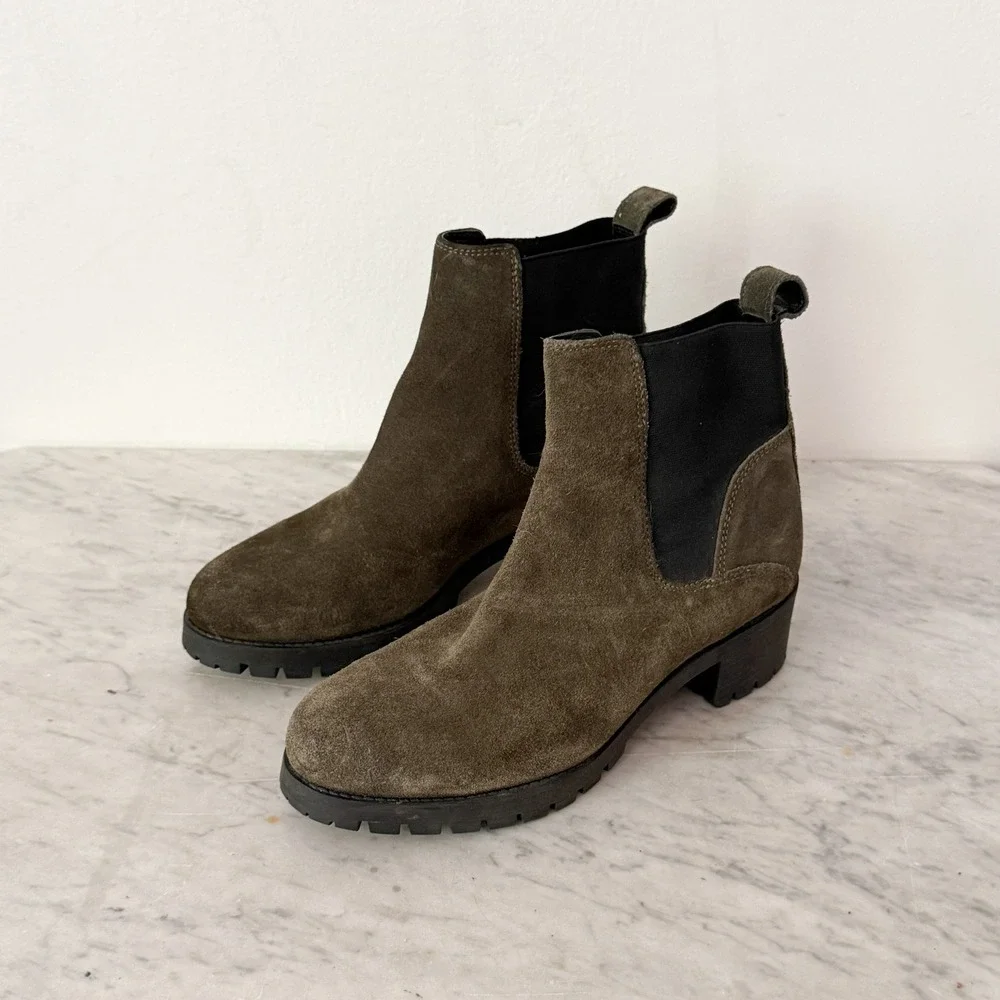 Suede Chelsea Boots Lug Sole Ankle 7 Olive Green Pull On Block Heel